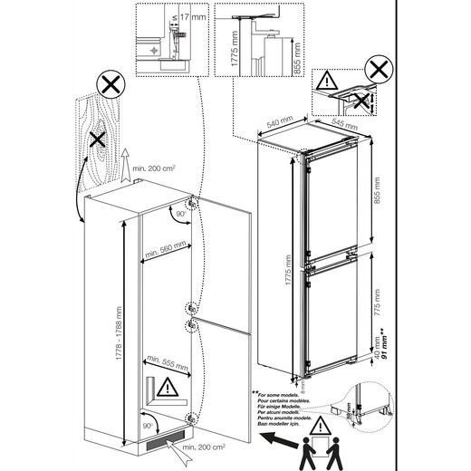 Indesit KINH 1261 B4UK 178cm 50/50 Integrated Frost Free Fridge Freezer with Sliding Door Fixing Kit - White - Annotation - Dimension shot